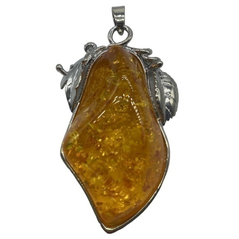 Baltic Amber Gemstone Silver Pendant 18kGP 2.75in